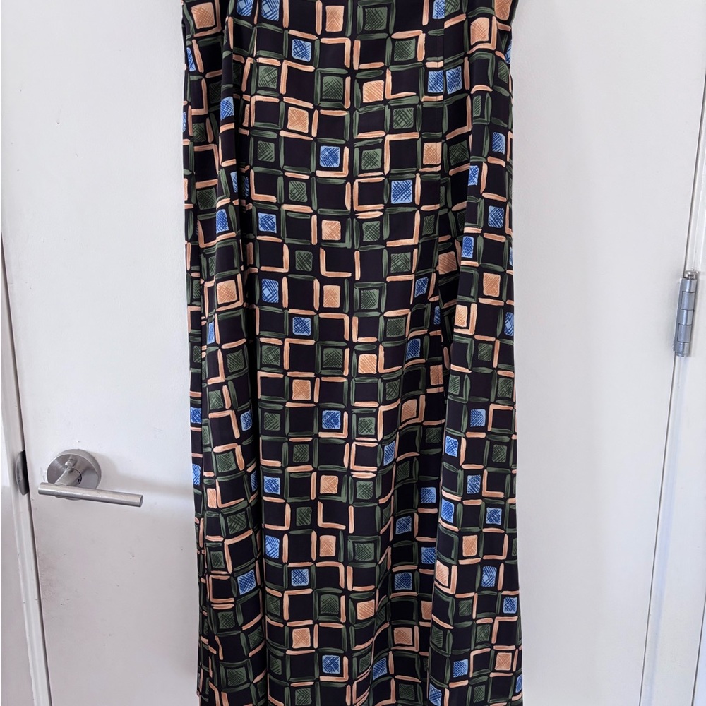 Vintage Brown Geometric Print Maxi Skirt with Green and Blue Squares